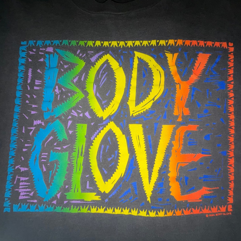 Vintage 1990 Body Glove Neon Rainbow Risen Graphic Grey Single Stitch T-Shirt